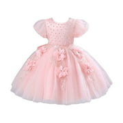Odeerbi 3-8Y Kids Girls Cute Dresses Bubble Sleeve Party Dresses Princess Birthday Skirt Little Bowknot Flower Dress Toddler Adorable Pageant Dress Baby Clothes Pink